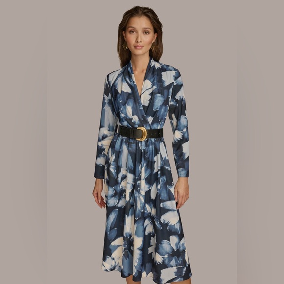 NWT Donna Karan New York FLORAL BELTED A LINE MIDI DRESS Sz 8 - Picture 4 of 14